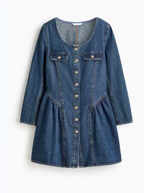 H&M NWT Flared Denim Mini Dress Medium Snap Front Cotton Long Sleeve Sold Out